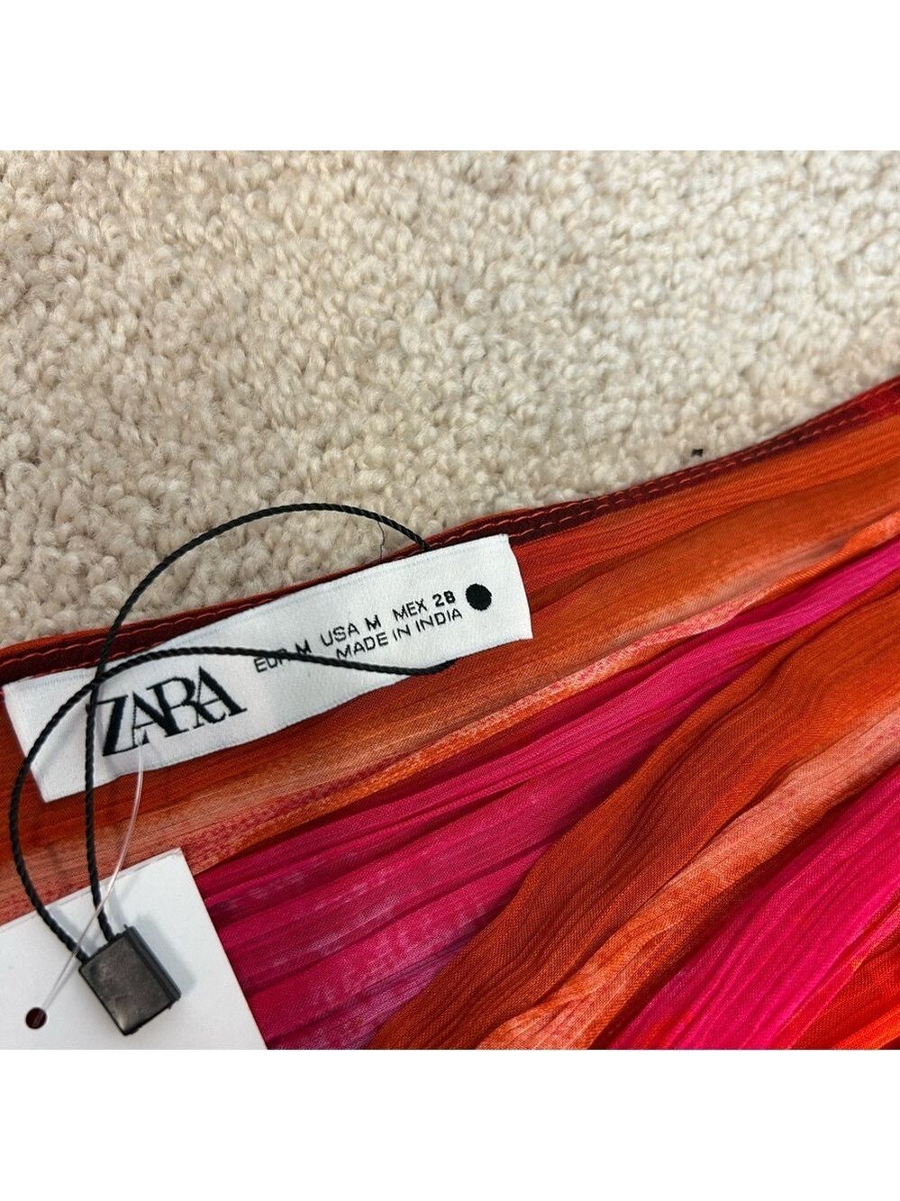 Zara red pink tie-dye BoHo V-neck midi dress Sz M tropical beach vacation NWOT - Picture 9 of 16